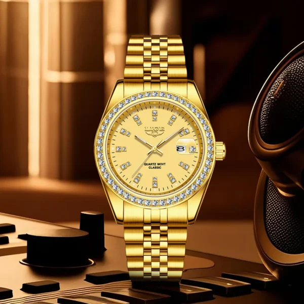 LIGE Luxus Gold Herrenuhr Mode Diamant Zifferblatt Business Wasserdicht Leuchtkalender Edelstahl Quarzuhren für Männer 5