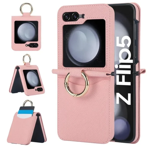 Lederring-Handyhülle für Samsung Galaxy Z Flip 6, 5, 4, 3, Flip6, Flip5, Flip4, Flip3, Brieftasche mit Kartenhalter, stoßfeste Abdeckung