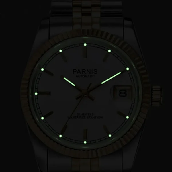 Parnis 36mm Herren Automatikuhr Miyota 821A 6T51 Luxus 5ATM Gold/Schwarz/Silber Zifferblatt Unisex Saphirglas Datum solides Armband 4