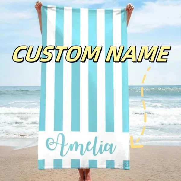 Gestreifte Strandtücher, Strandtuch mit individuellem Namen, 3D-gedrucktes Mikrofaser-Strandtuch, wasserabsorbierendes, personalisiertes, schnell trocknendes Badetuch