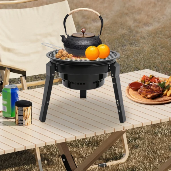 Tragbarer 3-Bein-Holzkohlegrill, 35,5 cm, zusammenklappbarer BBQ-Grill mit Grillnetz und Aschenbecher für Camping/Picknicks und Partys 6