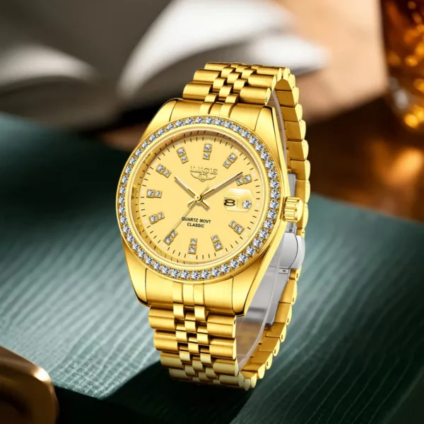 LIGE Luxus Gold Herrenuhr Mode Diamant Zifferblatt Business Wasserdicht Leuchtkalender Edelstahl Quarzuhren für Männer 2