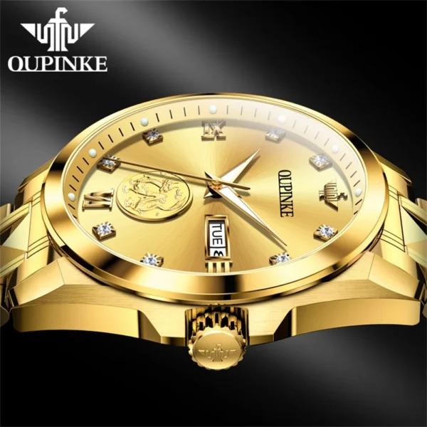﻿ OUPINKE 3259 Herrenuhr, automatische mechanische Uhr ﻿   Wasserdichte Uhren aus Wolframstahl für Herren, Dual-Kalenderuhr, echtes Gold 4
