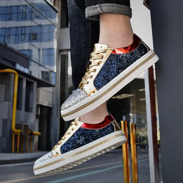 Hochwertige Paare Luxus Pailletten Schuhe Trend Farbe Passenden Niedrigen Skateboard Turnschuhe Mann Bequeme Weiche Glänzende Schuhe Für Männer 4