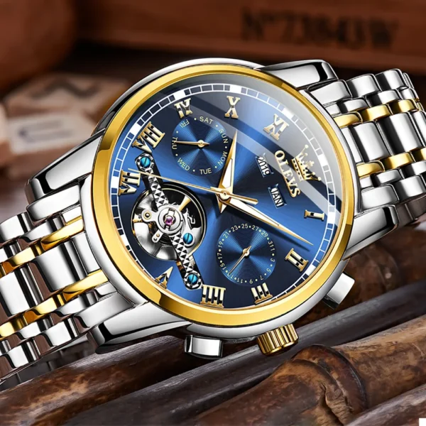 OLEVS herren Uhren Automatische Mechanische Business Armbanduhr Wasserdichte Edelstahl Armband Uhr für Mann Skeleton Kalender 2