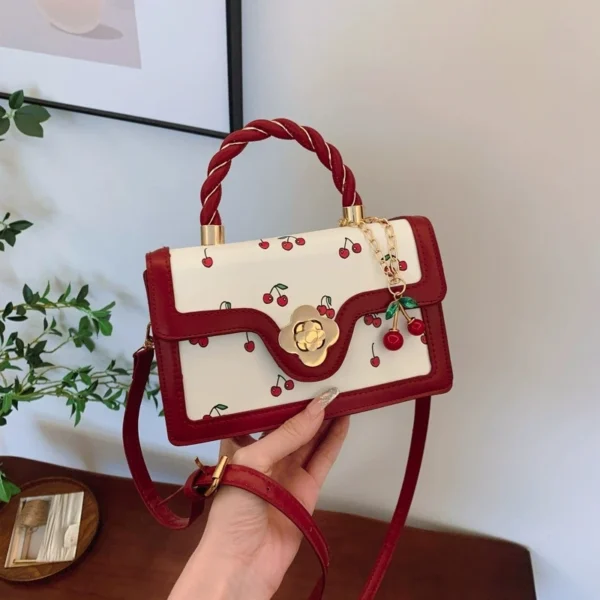 Niedliche Handtasche mit Kirschmotiv, Umhängetasche, quadratische Tragetasche mit gewebtem Griff, Damen-Umhängetasche im frischen Design, stilvolle Damentasche