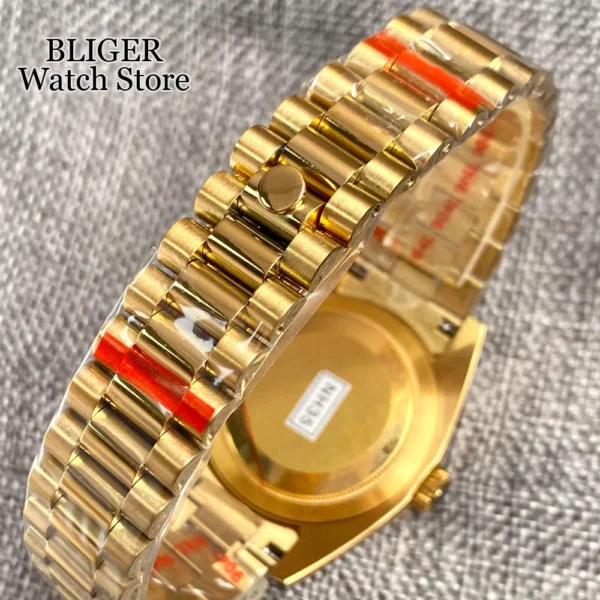 BLIGER 36mm 39mm Polierte Geriffelte Lünette NH35AA Automatische Herrenuhr Gold Römische Zahlen Silber Zifferblatt Stahlarmband Saphirglas 6