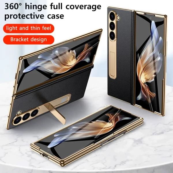 LANGSIDI Ledertasche für Samsung Galaxy Z Fold 6 5 4 3 Fold6 Fold5 Vergoldung Magnetscharnier Standabdeckung mit Spiegelfolie 6