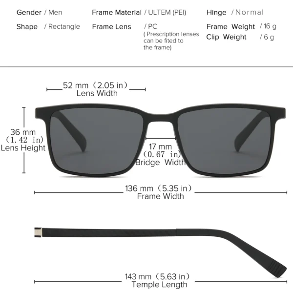 2-in-1-Sonnenbrille mit Magnet-Clip für Herren, polarisiert, UV400, verschreibungspflichtig, für Herren, zum Fahren, optische Myopie-Brille, rechteckig 6