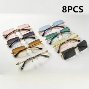 8PCS Mode Randlose Sonnenbrille Frauen Trendy Kleine Rechteck Sonnenbrille Sommer Reisen Stil Braun Shades für männer