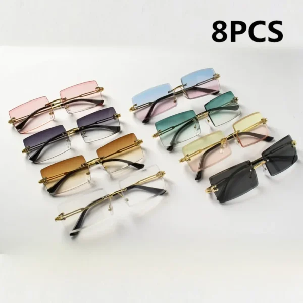 8PCS Mode Randlose Sonnenbrille Frauen Trendy Kleine Rechteck Sonnenbrille Sommer Reisen Stil Braun Shades für männer