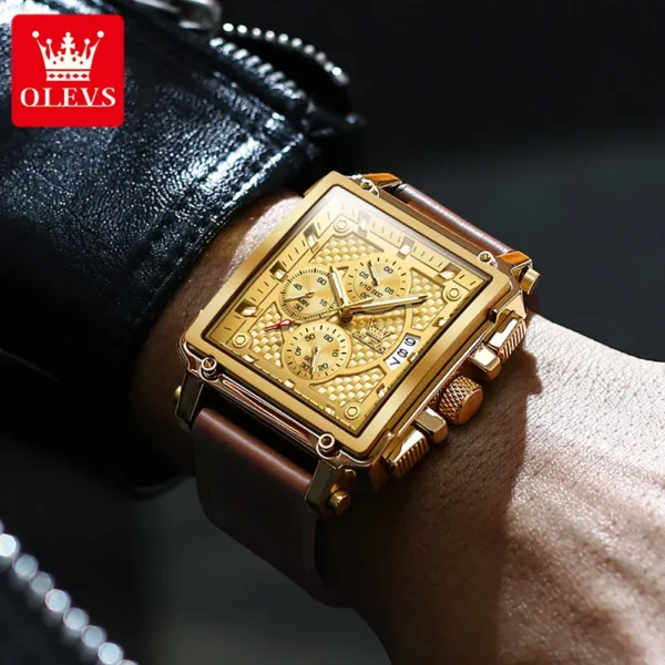OLEVS Marke 9925 herren Uhren Gold Quadratischen Zifferblatt Quarz Männliche Uhr Original Lederband Mode Uhr 30 m wasserdicht Top Zehn 4