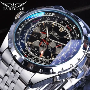 JARAGAR Sport Herrenuhren Top-Marke Luxus automatische mechanische Uhr für Männer Silber Edelstahlarmband Militär Armbanduhr