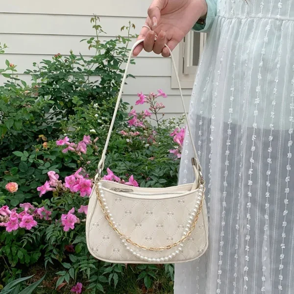 Rosa Damen Umhängetasche Elegante süße Schleife Perlenketten Schleife Stickerei Handtasche Casual Leder koreanische Mode weibliche Handtasche 6