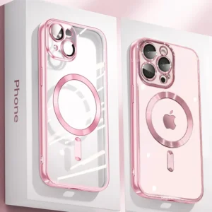 Klare, plattierte, ultradünne Silikonhülle für iPhone 16, 15, 14, 13, 12, 11, Pro Max 16, Plus, Magsafe, magnetische Linsenfolie, Schutzabdeckung, Rosa