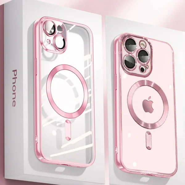 Klare, plattierte, ultradünne Silikonhülle für iPhone 16, 15, 14, 13, 12, 11, Pro Max 16, Plus, Magsafe, magnetische Linsenfolie, Schutzabdeckung, Rosa