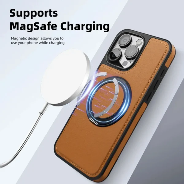 Für iPhone 16e/16 Pro Max 15 14 Plus 13 12 Handyhülle Magnetisches Metall 360 Ständer Luxus Nähte Leder stoßfeste Abdeckung 2