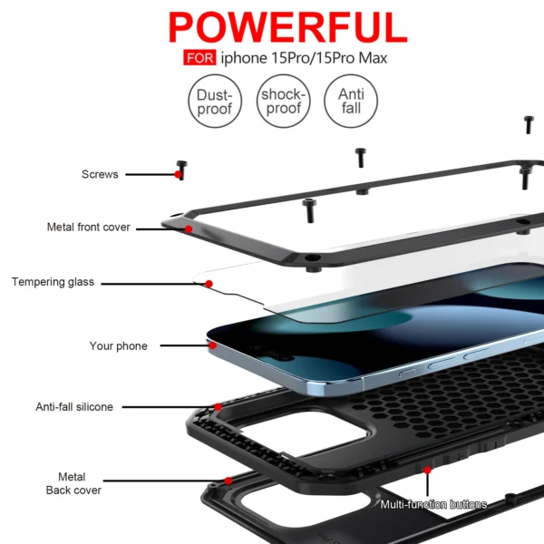 Neue, robuste, rutschfeste, abriebfeste, robuste, sturzsichere, 360-Grad-Vollschutzhülle aus Metall für iPhone 1615 x 11 12 13 14 5