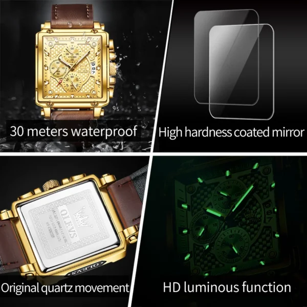 OLEVS Marke 9925 herren Uhren Gold Quadratischen Zifferblatt Quarz Männliche Uhr Original Lederband Mode Uhr 30 m wasserdicht Top Zehn 5