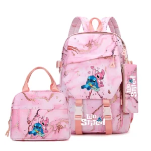 Stitch 3-teiliges Rucksack-Set, Federmäppchen, faltbare isolierte Kühltasche, niedliche Schultasche, lässiger Tagesrucksack für den täglichen Gebrauch