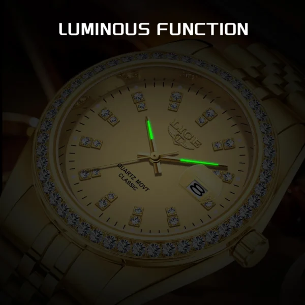 LIGE Luxus Gold Herrenuhr Mode Diamant Zifferblatt Business Wasserdicht Leuchtkalender Edelstahl Quarzuhren für Männer 4