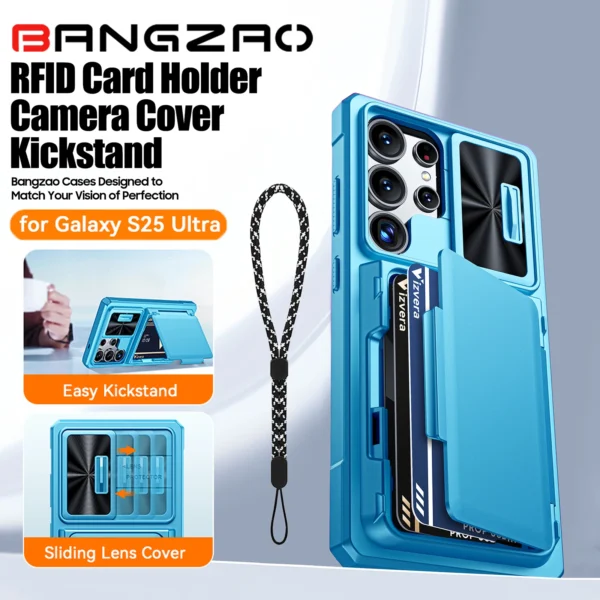 Mit Kartenhalter, verschiebbare Kameraabdeckung und Ständer für Samsung Galaxy S25 Ultra Handyhülle, Anti-Fall PC + TPU Wallet Case