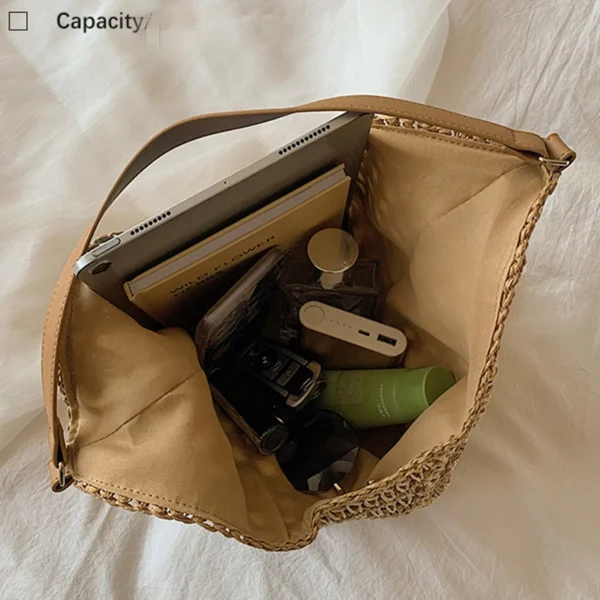 Beliebte Damen-Umhängetasche aus gewebtem Stroh, mittelgroße Handtasche mit Griff für den Strandurlaub 5