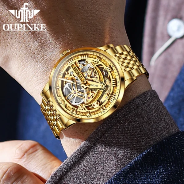 Oupinke 3173 Luxus Gold mechanische Uhr für Männer Hollow Top Marke Original automatische Armbanduhr 50m wasserdichte Leucht uhren 3