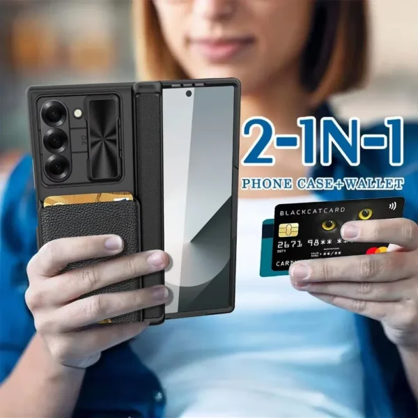 Abnehmbare Brieftasche mit Schiebefenster, Kartenhalter, Handyhülle mit Displayschutzfolie, Scharnierschutz für Samsung Galaxy Z Fold 6, 5, 4, 5G 3