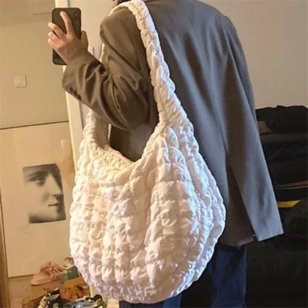 Frauen Tasche Plissee Handtasche Große Kapazität Unten Tasche Große Schulter Weibliche Einfarbig Raum Baumwolle Gepolsterte Knödel Einkaufstasche 2024