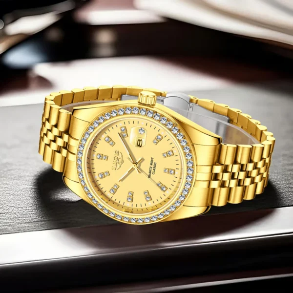 LIGE Luxus Gold Herrenuhr Mode Diamant Zifferblatt Business Wasserdicht Leuchtkalender Edelstahl Quarzuhren für Männer 3