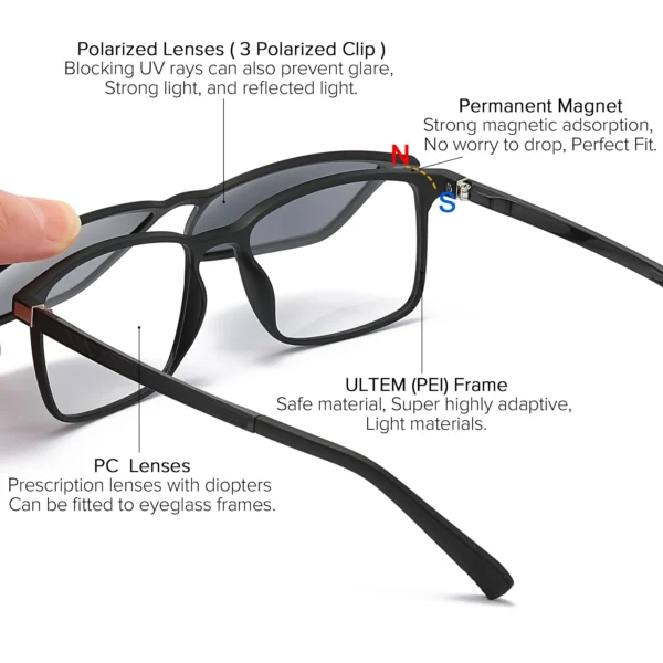 2-in-1-Sonnenbrille mit Magnet-Clip für Herren, polarisiert, UV400, verschreibungspflichtig, für Herren, zum Fahren, optische Myopie-Brille, rechteckig 4