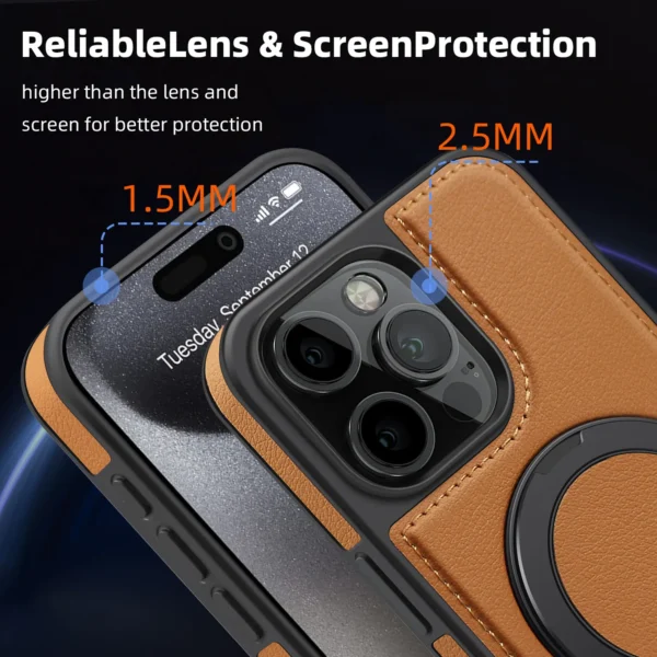 Für iPhone 16e/16 Pro Max 15 14 Plus 13 12 Handyhülle Magnetisches Metall 360 Ständer Luxus Nähte Leder stoßfeste Abdeckung 3
