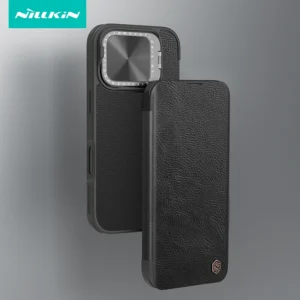 Nillkin Hülle für iPhone 16 Pro Max, luxuriöse Flip-Lederhülle, Metalllinse, Schutz, Ständer, Halter, Rückseite mit Kartensteckplatz