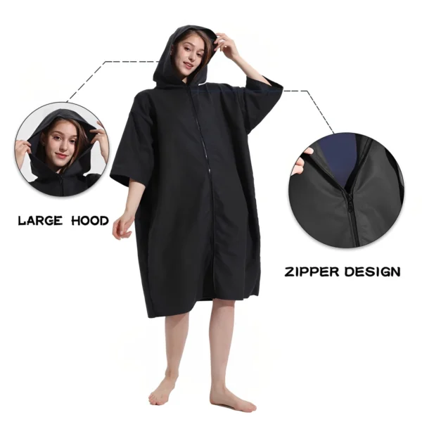 Wickelmantel mit Kapuze, Mikrofaser-Handtuch-Poncho mit Reißverschluss, kurzärmliger Surf-Poncho, schnell trocknend, übergroßer Wickelmantel, Neu 4