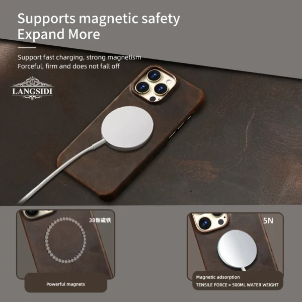 LANGSIDI für Magsafe Hülle für iPhone 15 16 Pro Max, Retro-Luxus-Vollnarbenleder, echtes geöltes PULL-UP-Leder, magnetische Abdeckung 6