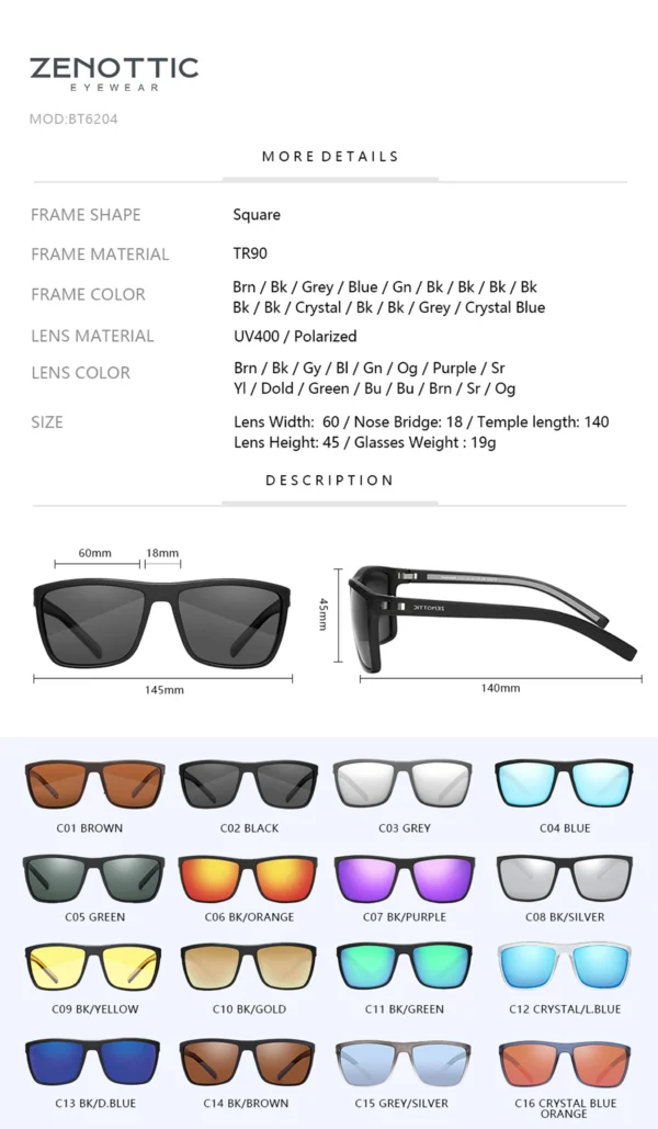 ZENOTTIC Polarisierter Sonnenbrillen-Schatten für Damen und Herren, leichter TR90-Rahmen, UV400-Schutz, quadratische Sonnenbrille 2024 2025 5