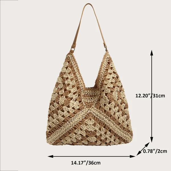 Beliebte Damen-Umhängetasche aus gewebtem Stroh, mittelgroße Handtasche mit Griff für den Strandurlaub 6