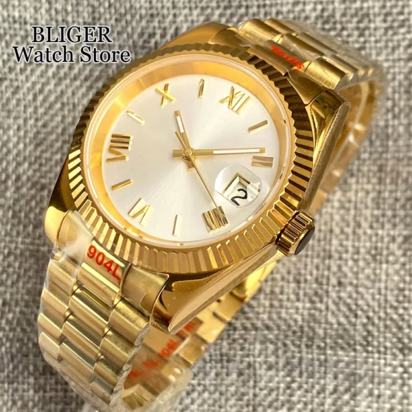 BLIGER 36mm 39mm Polierte Geriffelte Lünette NH35AA Automatische Herrenuhr Gold Römische Zahlen Silber Zifferblatt Stahlarmband Saphirglas 2