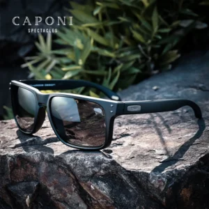 CAPONI Polarisierte Sonnenbrille Für Männer Vintage Marke Designer Fahren Sonnenbrille Photochrome Quadrat TR Rahmen Schwarz Shades BS9417