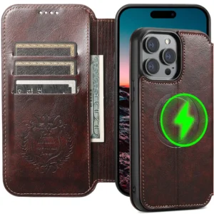 für iPhone 15 14 13 12 Pro Max Wallet Case [kompatibel mit Mag-Safe] Magnetisches Leder-Klapphülle mit Ständer und Kartenhalter