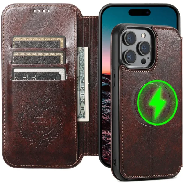 für iPhone 15 14 13 12 Pro Max Wallet Case [kompatibel mit Mag-Safe] Magnetisches Leder-Klapphülle mit Ständer und Kartenhalter