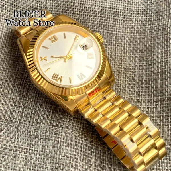 BLIGER 36mm 39mm Polierte Geriffelte Lünette NH35AA Automatische Herrenuhr Gold Römische Zahlen Silber Zifferblatt Stahlarmband Saphirglas 5