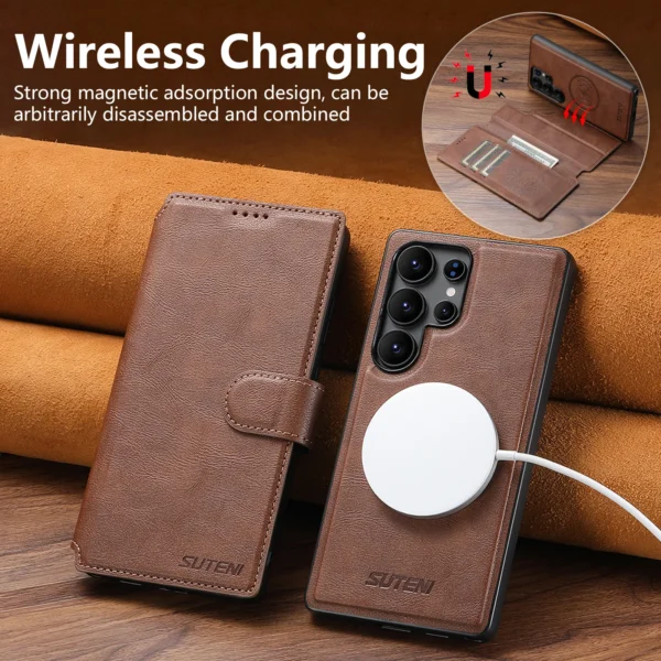 SUTENI PU Leder Drahtlose Lade Karte Halter Stehen Brieftasche Magnetische Flip-Cover Telefon Fall Für Samsung Galaxy S25 Ultra S24 S23 4