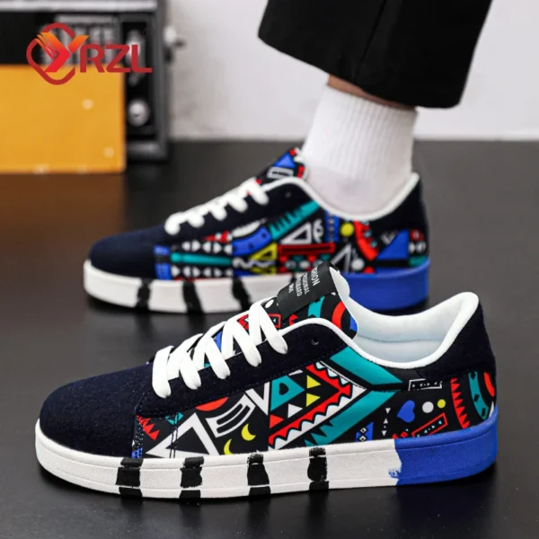 YRZL Sport-Laufschuhe für Herren, Segeltuch, geometrischer Stil, Schnür-Sneaker, modische Skate-Schuhe für Paare mit Graffiti-Druck, Herren 5