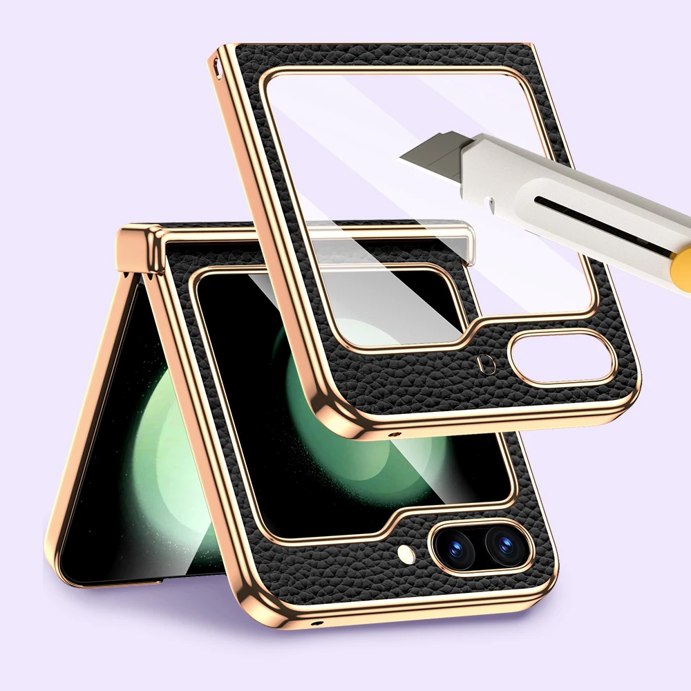 Langsidi Natur leder Handy hülle für Samsung Galaxy Z Flip5 Flip6 Flip 6 5 Luxus Scharnier Schutzhülle mit gehärtetem Glas 2