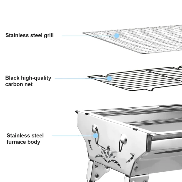 Klappbarer Grill, Holzkohlegrill, tragbarer BBQ-Grill, Picknick-Grill aus Edelstahl, für Picknick- und Campingpartys im Freien 4
