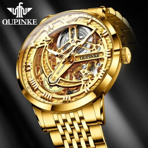 Oupinke 3173 Luxus Gold mechanische Uhr für Männer Hollow Top Marke Original automatische Armbanduhr 50m wasserdichte Leucht uhren 2