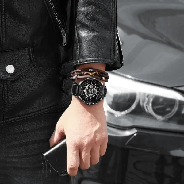 Militäruhr für Herren, Skelett, automatische mechanische Armbanduhr, Top-Marke, Luxus, 2021, Silber, Gold, Leder, relógio masculino 6
