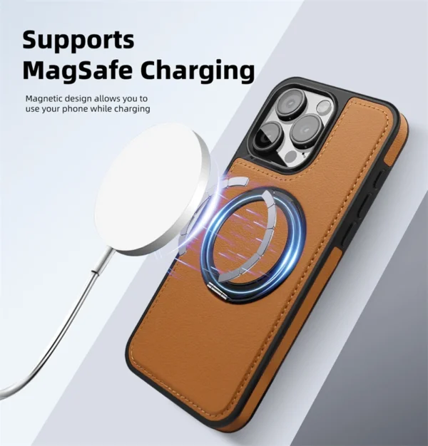 360 drehbarer Metallringständer Macsafe Magnetische Ledertasche für IPhone 15 14 13 12 11 16 Pro Max Plus 15Pro Magsafe Halterabdeckung 5